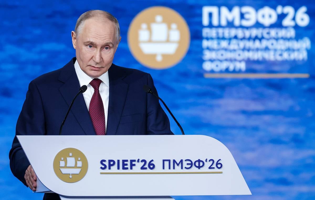 Russian President Vladimir Putin addresses the St. Petersburg International Economic Forum SPIEF 2026 plenary session on sanctions and foreign investment