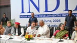 Leader of Opposition Rahul Gandhi addressing INDIA bloc allies at the opposition alliance meeting in New Delhi June 8 2026