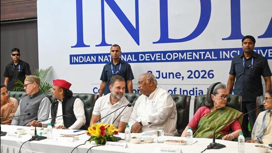 Leader of Opposition Rahul Gandhi addressing INDIA bloc allies at the opposition alliance meeting in New Delhi June 8 2026