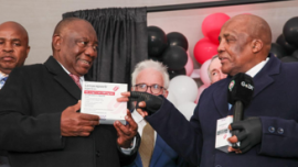 President Cyril Ramaphosa and Health Minister Aaron Motsoaledi at the official lenacapavir HIV prevention drug launch in Secunda, South Africa, June 5, 2026