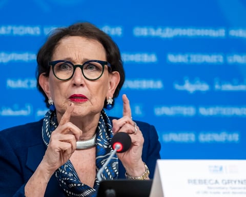Rebeca Grynspan, Costa Rica's candidate for UN Secretary-General, at a press conference in 2025