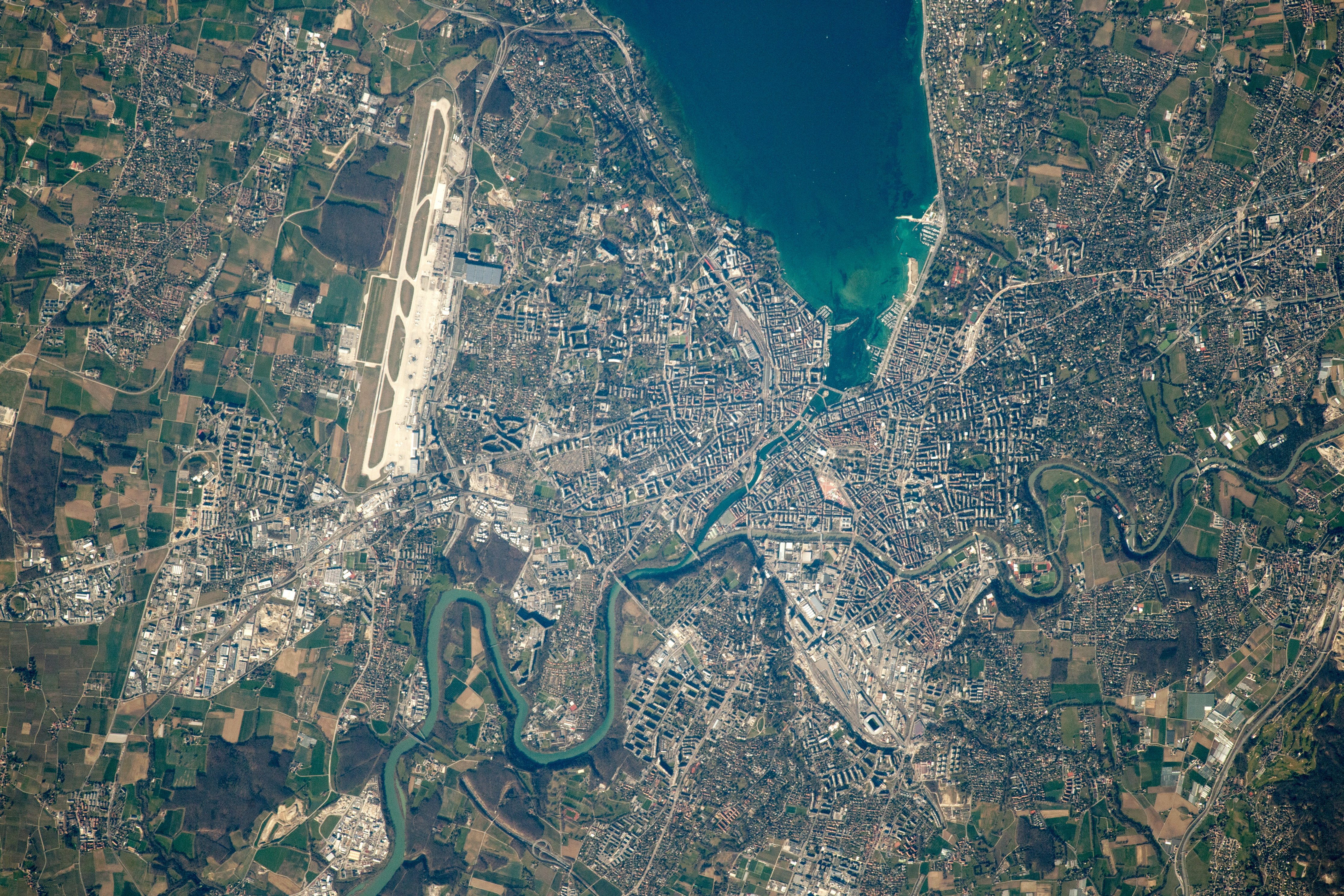 NASA astronaut photograph from ISS of Rhone River flowing from Lake Geneva through Geneva Switzerland