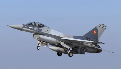 Romanian F-16 fighter jet used by NATO Baltic Air Policing mission that shot down a Ukrainian drone over Estonia