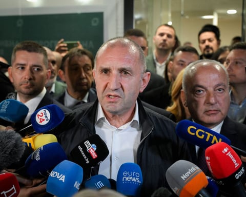 Bulgarian Prime Minister Rumen Radev speaks to reporters at his party headquarters in Sofia after the April 2026 election