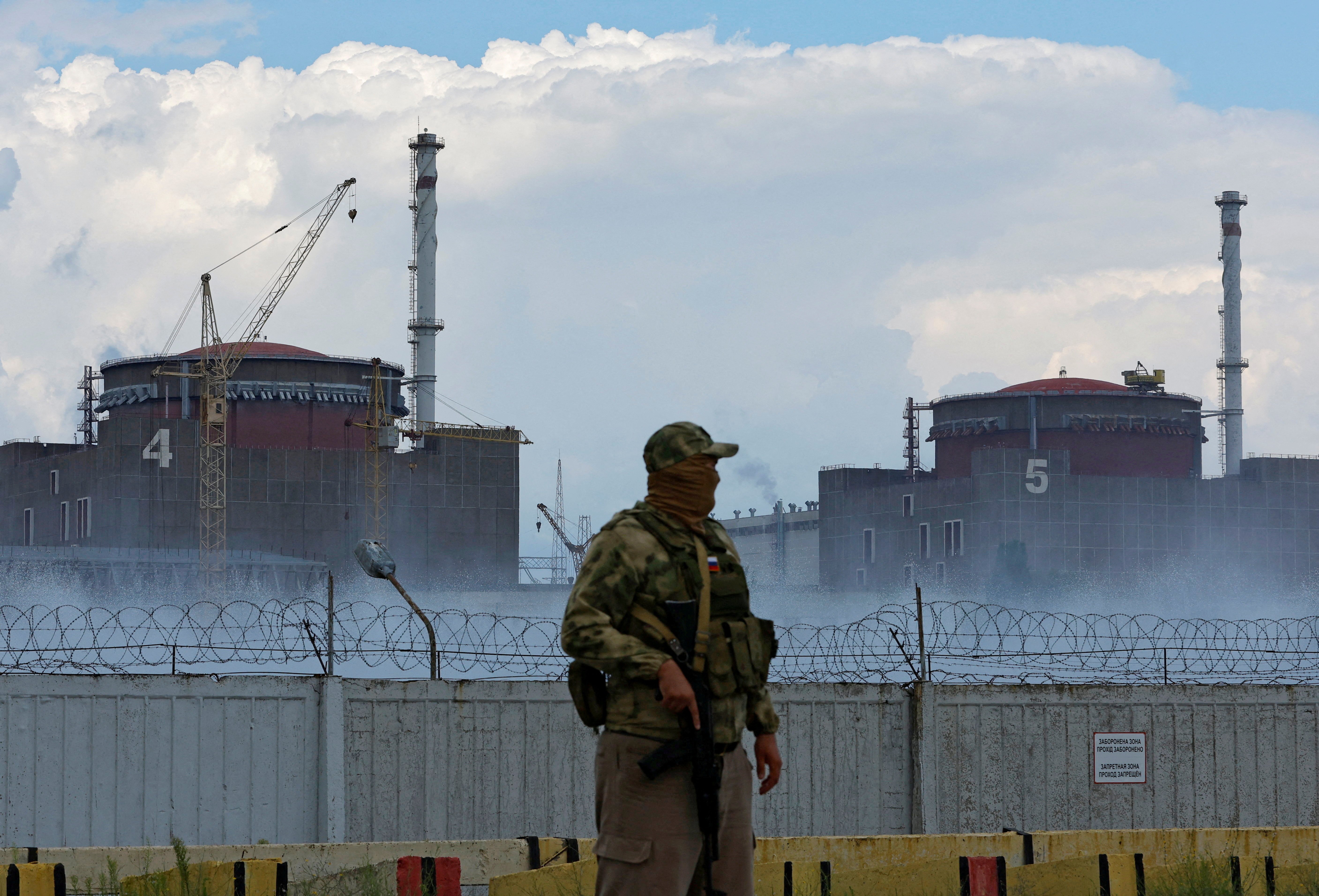 Russian serviceman stands guard near Zaporizhzhia nuclear power plant in Ukraine