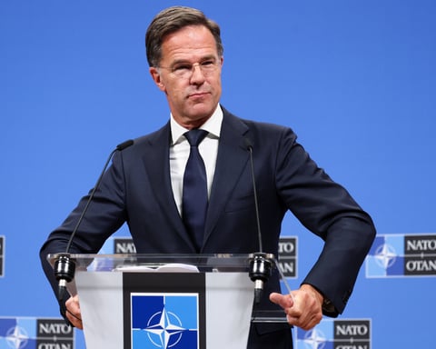 NATO Secretary General Mark Rutte speaks at a press conference at NATO headquarters in Brussels