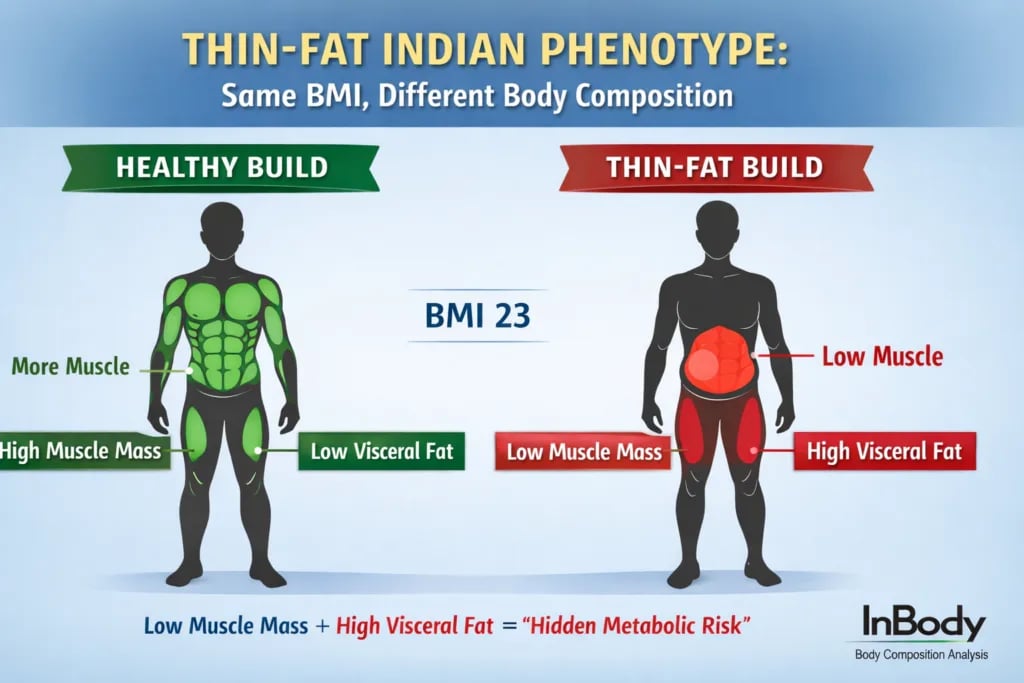 Two people with identical BMI scores shown with different body fat distribution and metabolic health outcomes