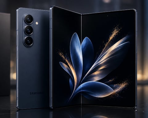 Samsung Galaxy Z Fold 8 unfolded showing 8-inch LTPO OLED inner display with 200MP camera system ahead of July 2026 Unpacked event