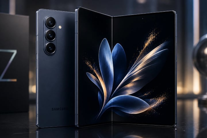 Samsung Galaxy Z Fold 8 unfolded showing 8-inch LTPO OLED inner display with 200MP camera system ahead of July 2026 Unpacked event
