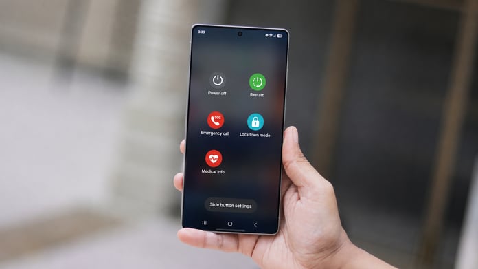 Samsung Galaxy S25 Ultra showing Lockdown Mode in the power menu under One UI 9