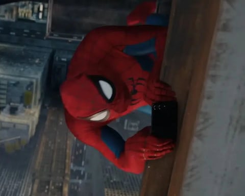Spider-Man holding a Samsung Galaxy Z Flip in Spider-Man Brand New Day partnership campaign
