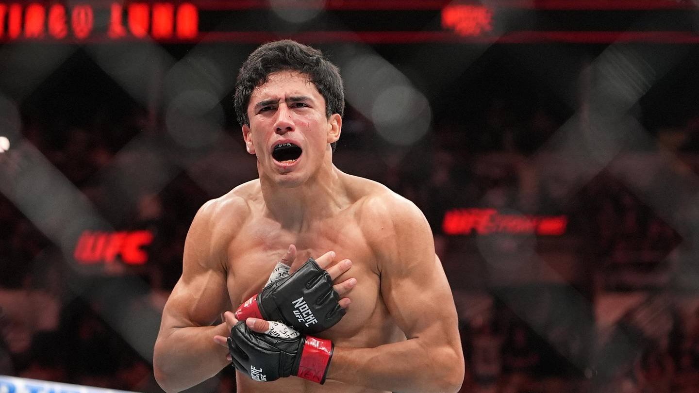 Santiago Luna reacts after his UFC debut victory against Quang Le at Noche UFC