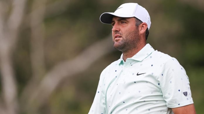 Scottie Scheffler reacts during the Memorial Tournament 2026 at Muirfield Village Golf Club
