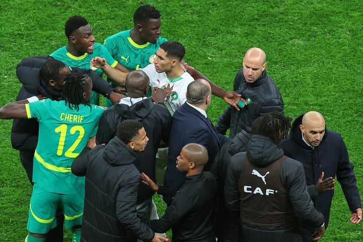 Senegal and Morocco players clash during the 2026 Africa Cup of Nations final