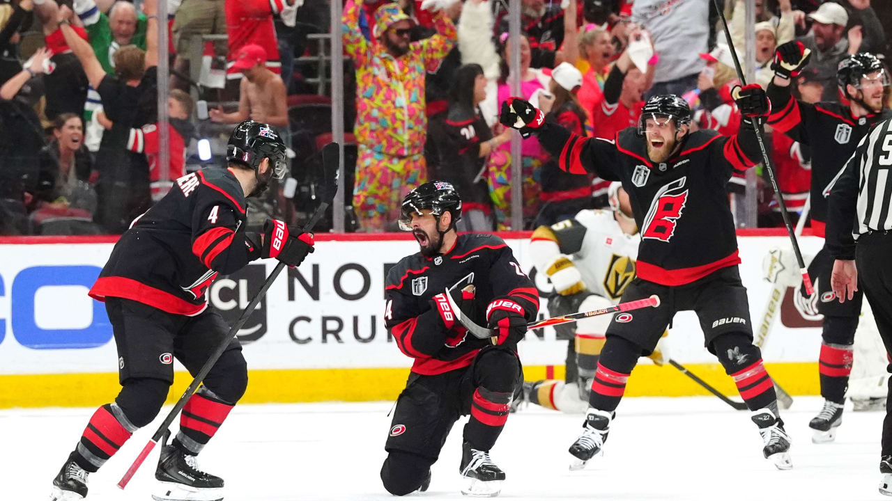 Seth Jarvis celebrates overtime goal in Game 2 of the Stanley Cup Final, Carolina Hurricanes vs Vegas Golden Knights