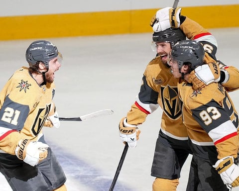 Shea Theodore celebrates his double overtime winner for the Vegas Golden Knights in Game 3 of the Stanley Cup Final