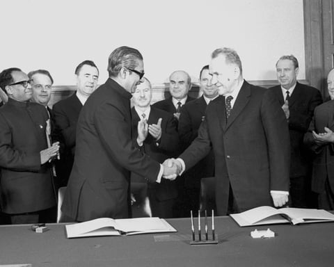 Bangladesh President Sheikh Mujibur Rahman and Soviet Premier Alexei Kosygin after signing a joint declaration at the Moscow Kremlin during Mujib's official visit to the USSR.