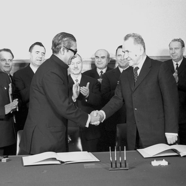 Bangladesh President Sheikh Mujibur Rahman and Soviet Premier Alexei Kosygin after signing a joint declaration at the Moscow Kremlin during Mujib's official visit to the USSR.