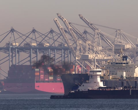 Pollution rises from a ship cruising past the Port of Long Beach in San Pedro, California, where tankers and container ships enter and exit