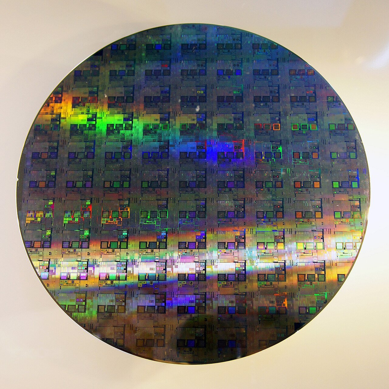 A 300mm silicon wafer of the type used in manufacturing the Jalapeño AI inference chip at TSMC’s 3nm foundry