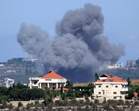 Smoke rises from Israeli bombardment near the village of Mayfadoun as seen from nearby Marjayoun in southern Lebanon on June 6 2026