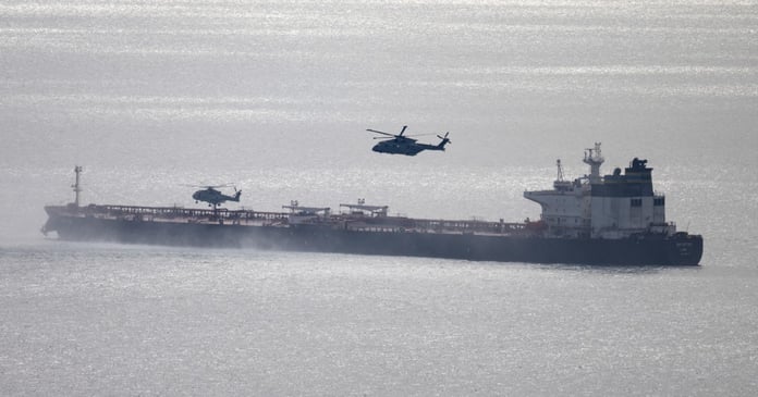 Royal Marine Commandos board the Smyrtos shadow fleet tanker in the English Channel, June 14 2026