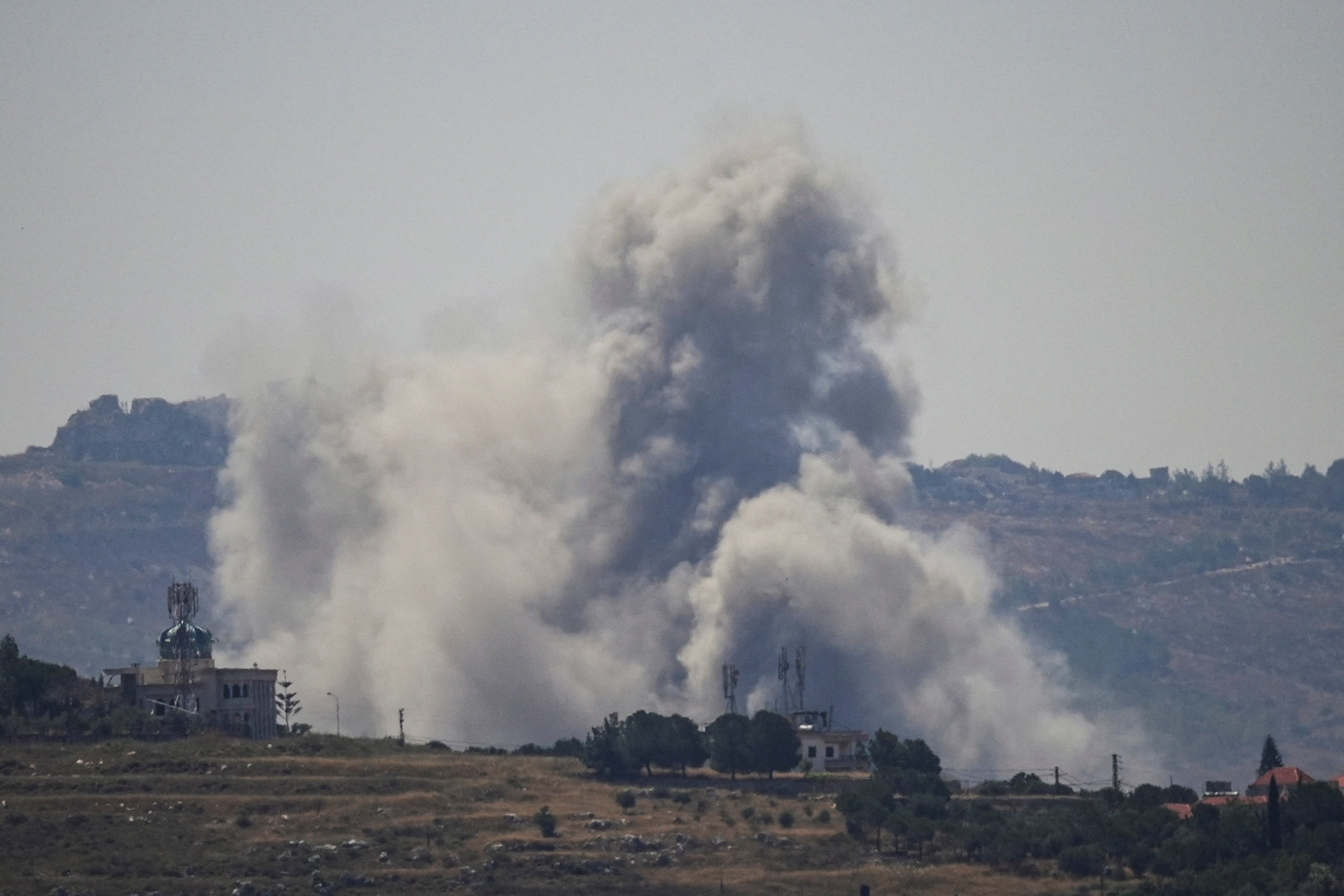 Smoke billows from southern Lebanon following Israeli strikes, seen from Nabatieh on June 8, 2026