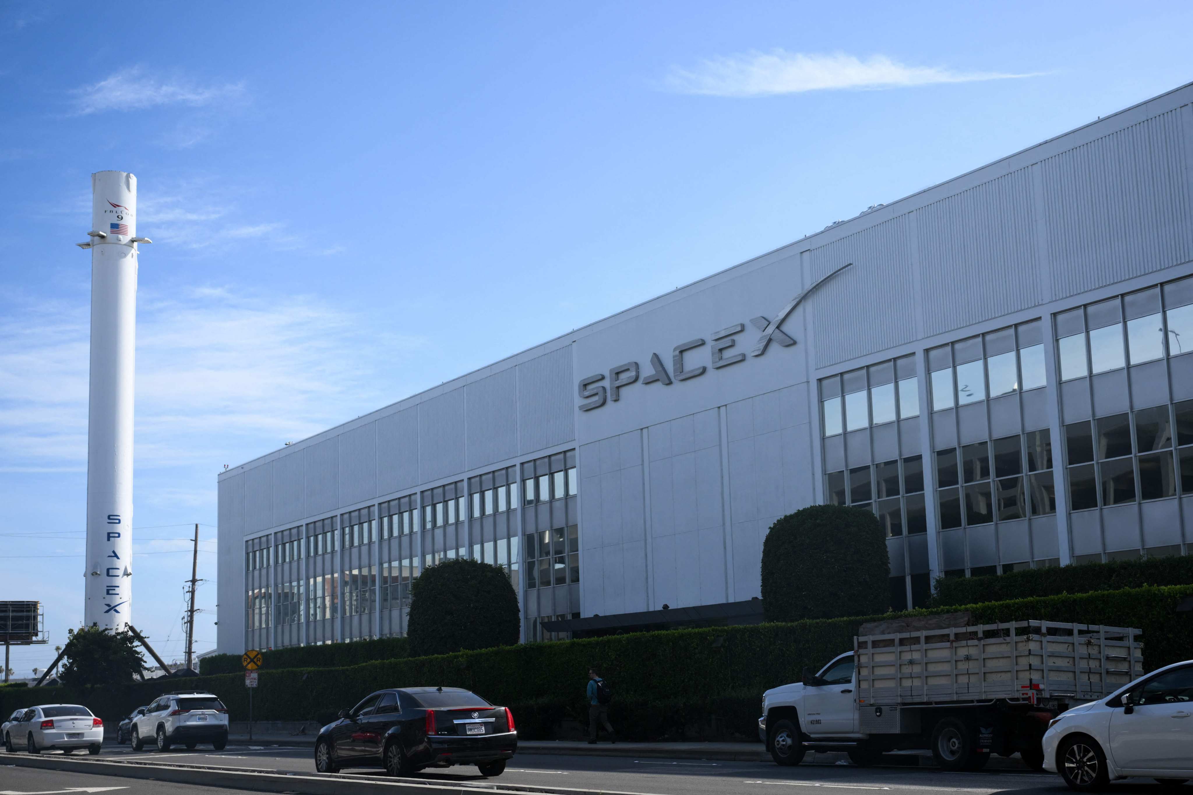 SpaceX Falcon 9 rocket on display in Hawthorne California ahead of the company's record 75 billion dollar Nasdaq IPO