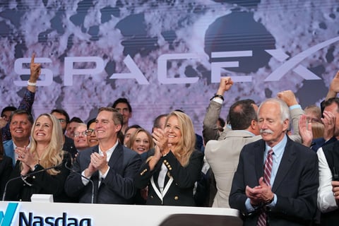 SpaceX Nasdaq IPO opening bell ceremony on June 12, 2026 — Gwynne Shotwell rings the bell at the Nasdaq MarketSite in New York City