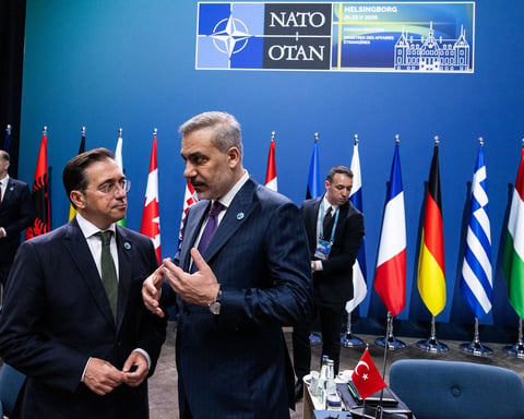 Spanish Foreign Minister Jose Manuel Albares at NATO Foreign Ministers meeting in Helsingborg on Strait of Hormuz mission, May 22 2026