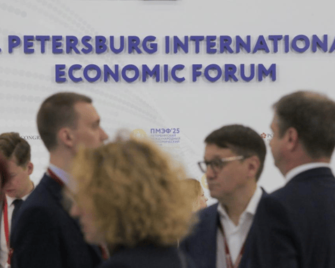 Delegates at the St. Petersburg International Economic Forum exhibition hall, Russia