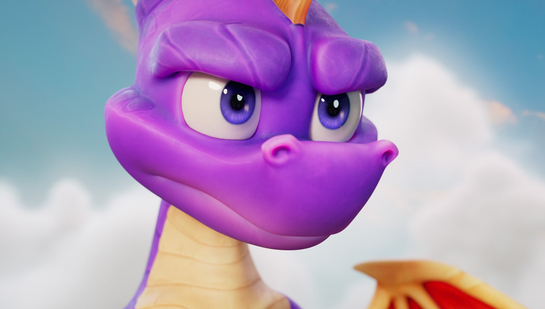 Spyro flying in A Realm Beyond with expanded wings against a whimsical fantasy landscape