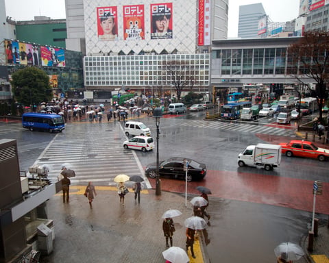 Shibuya Crossing in Tokyo, overlooked by one of Starbucks Japan's most famous stores, as the company weighs a stake sale