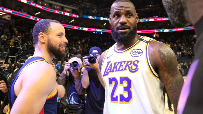 Stephen Curry and LeBron James talk on the court ahead of 2026 NBA free agency