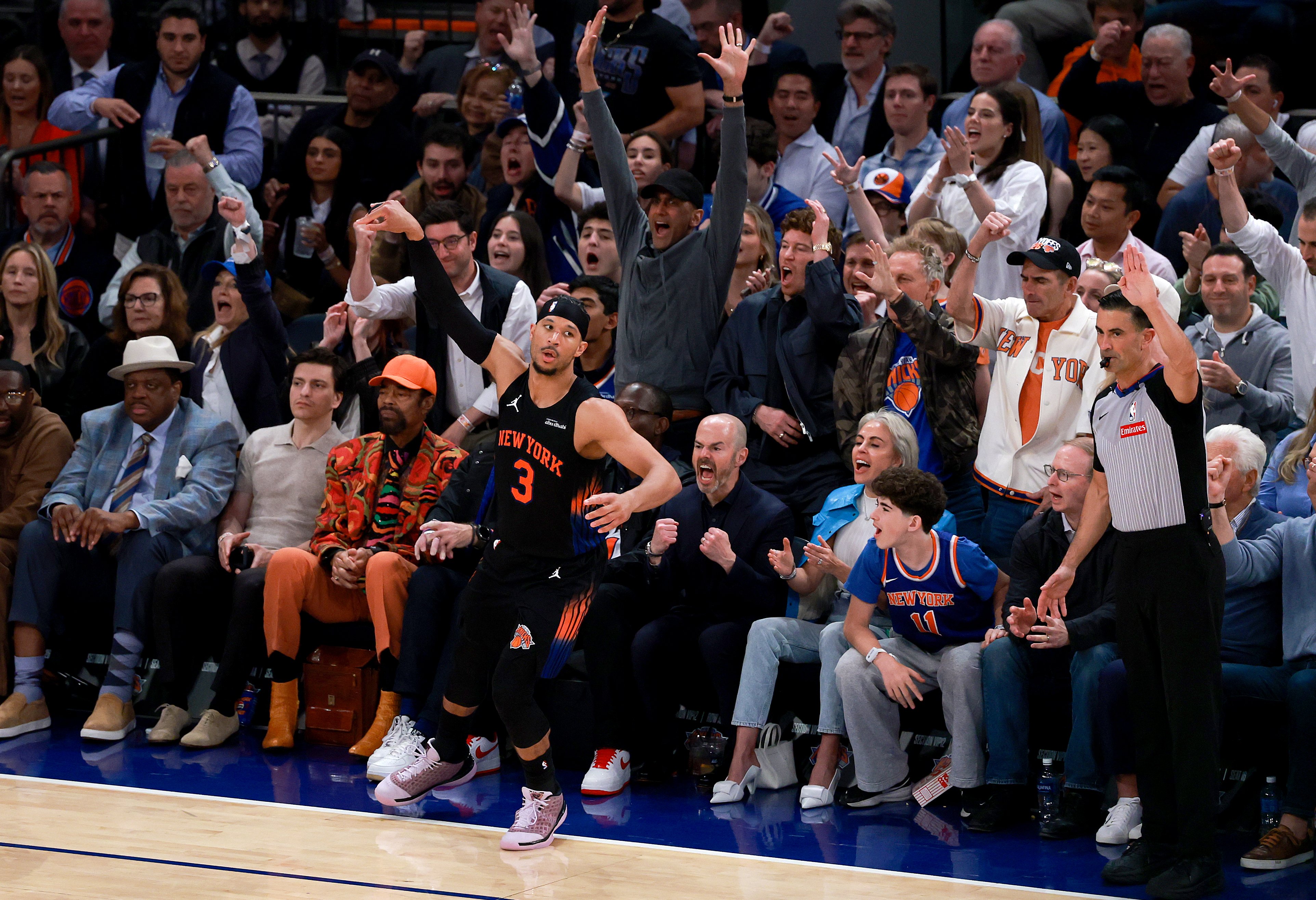 Stephon Castle of the San Antonio Spurs celebrates his three-pointer in Game 3 of the 2026 NBA Finals at Madison Square Garden