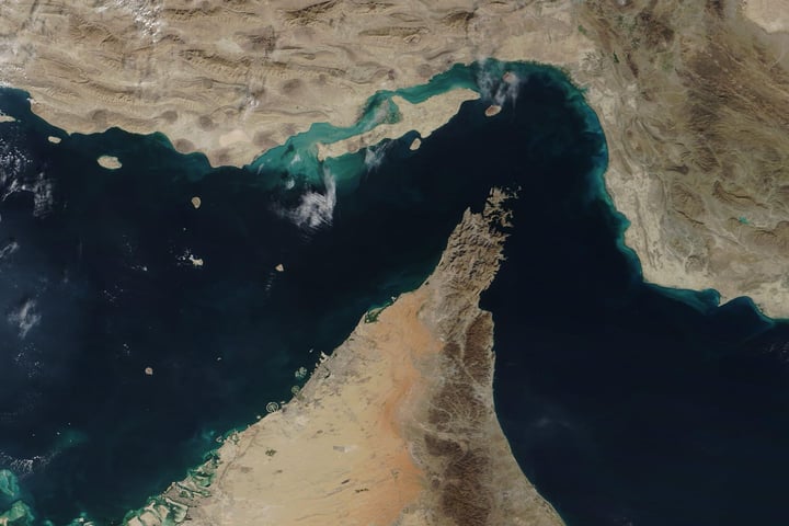 Satellite view of the Strait of Hormuz, the narrow waterway connecting the Persian Gulf and the Gulf of Oman