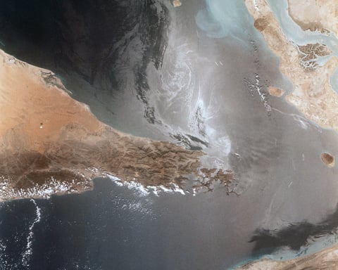Satellite view of the Strait of Hormuz between Iran and Oman