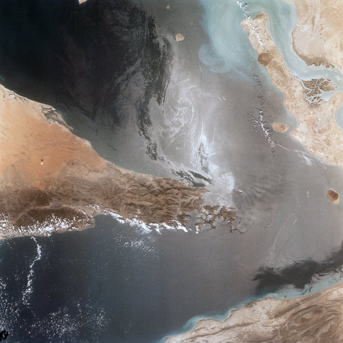 Satellite view of the Strait of Hormuz between Iran and Oman