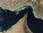 NASA MODIS satellite image of the Strait of Hormuz, the vital oil shipping lane between Iran and Oman