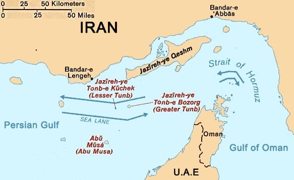 Satellite view of the Strait of Hormuz between Iran and Oman