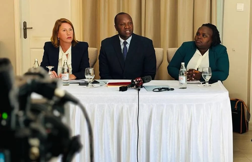 Legal team speaks to media outside Nairobi courts after filing RSF war crimes complaint on behalf of Sudanese victims