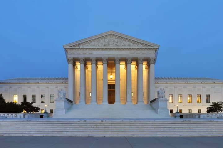 Panoramic view of the United States Supreme Court building at dusk, Washington DC