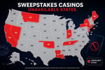 Map showing US states that have banned or restricted sweepstakes casinos as of May 2026