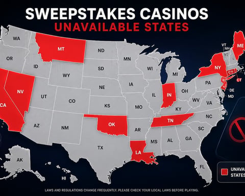 Map showing US states that have banned or restricted sweepstakes casinos as of May 2026
