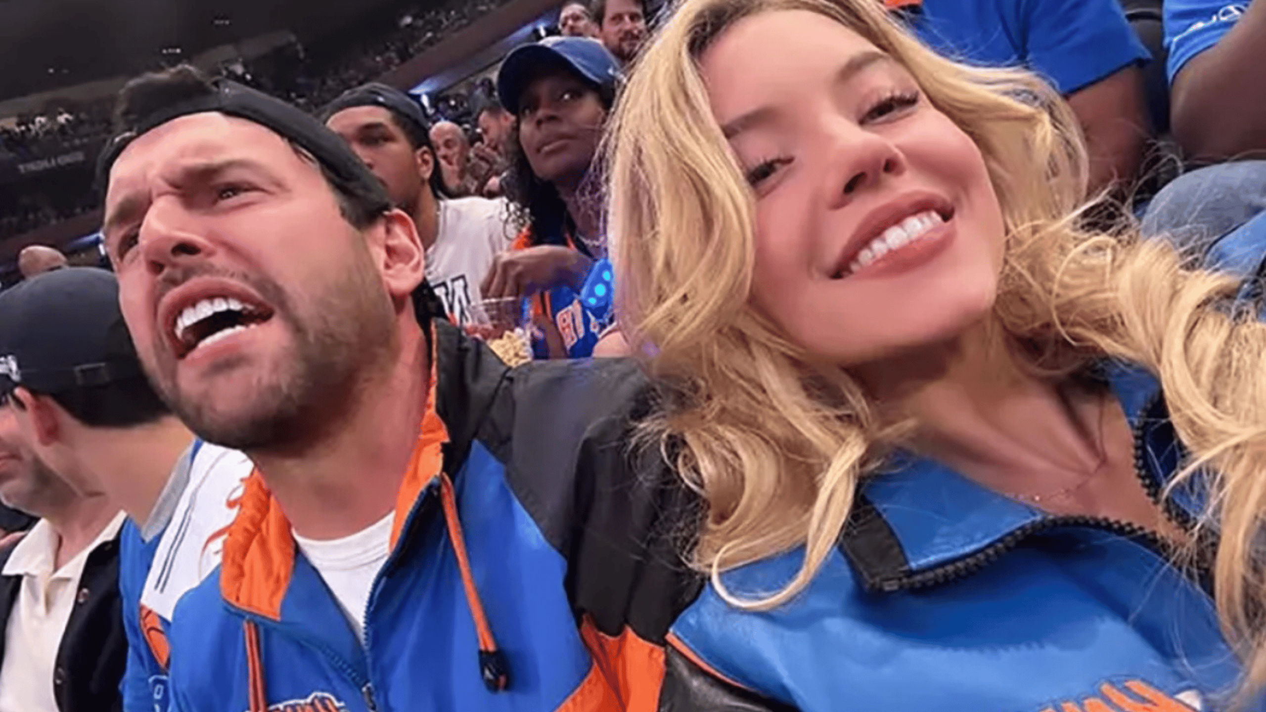Sydney Sweeney at the Knicks game at Madison Square Garden wearing basketball-charm heels alongside Scooter Braun