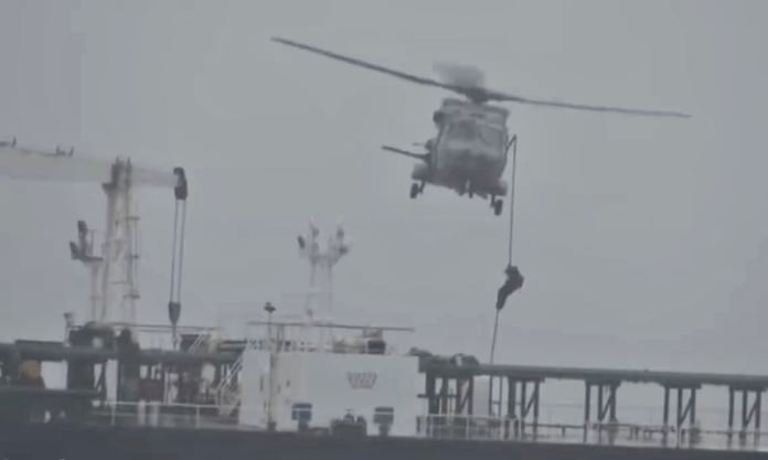 Russian shadow fleet tanker Tagor at sea viewed from French Navy helicopter after seizure