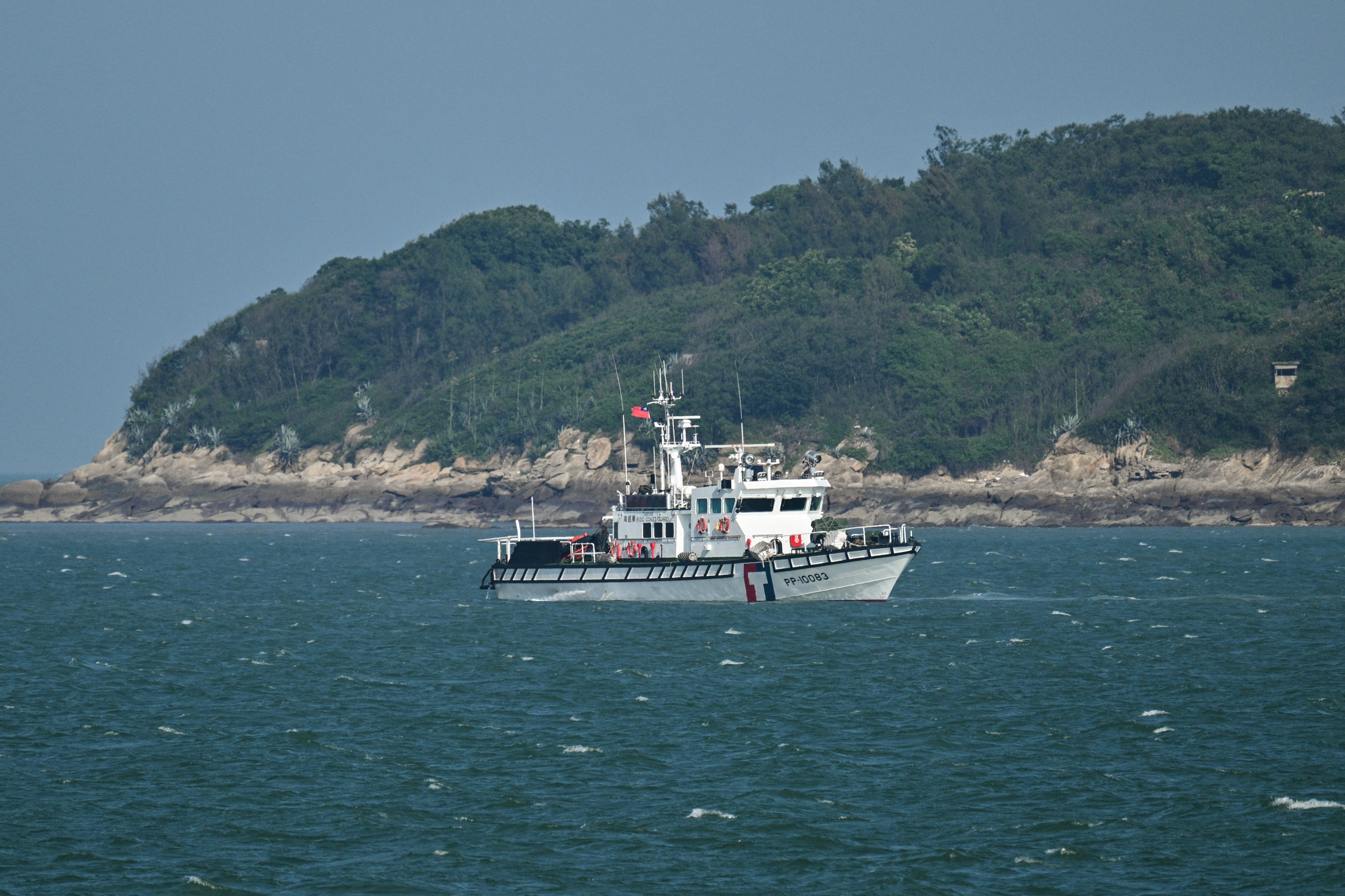 A coast guard vessel patrols near the Kinmen Islands in the Taiwan Strait off China's Fujian coast
