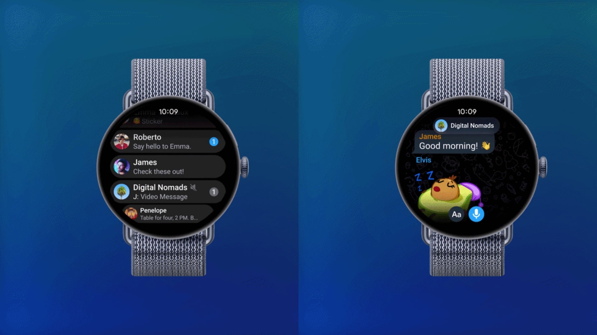 Telegram chat threads on a Wear OS smartwatch showing the messaging app interface