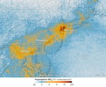 NASA TEMPO satellite image showing high morning nitrogen dioxide and reduced afternoon levels along the New York-Washington corridor on May 18, 2026