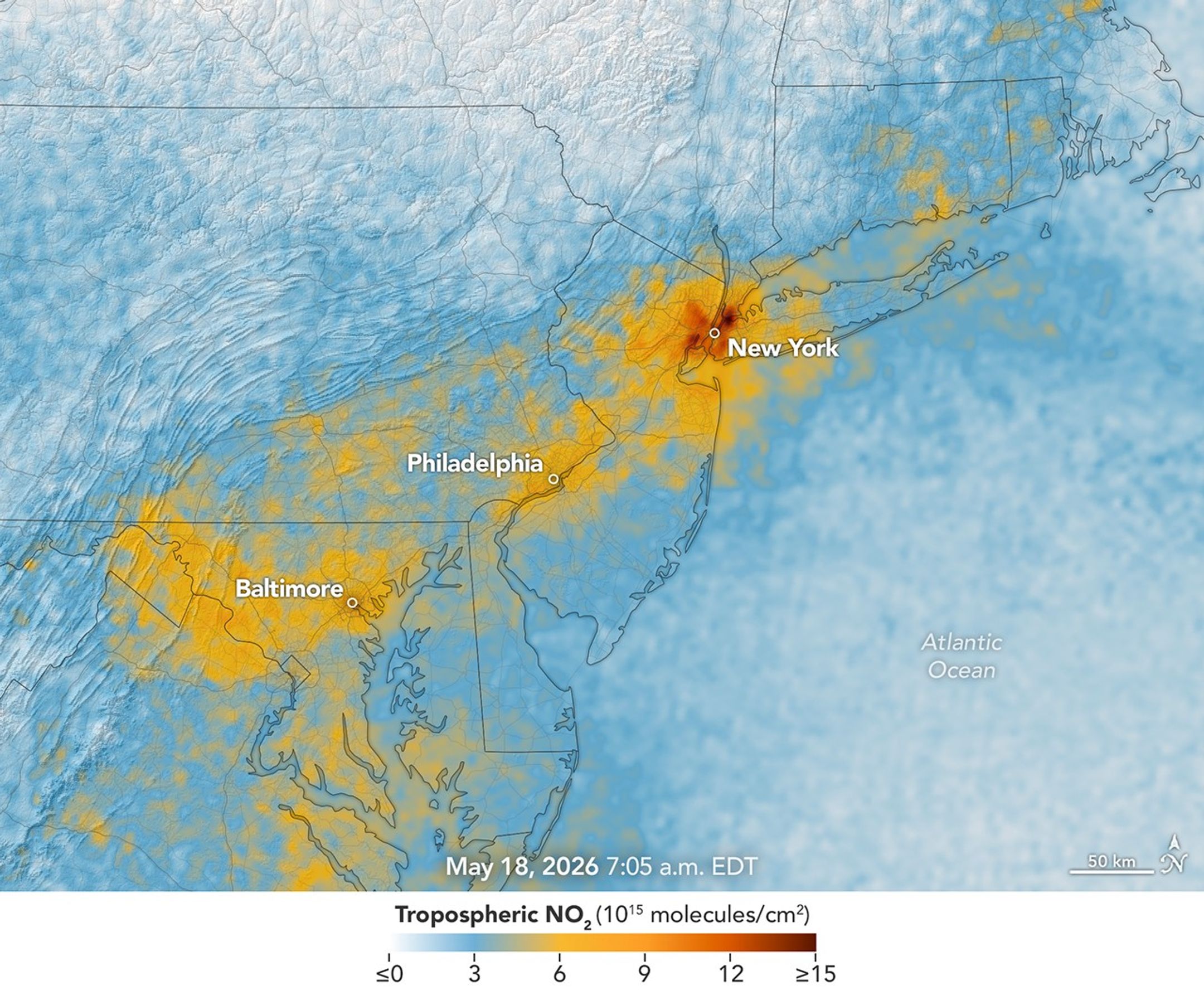 NASA TEMPO satellite image showing high morning nitrogen dioxide and reduced afternoon levels along the New York-Washington corridor on May 18, 2026